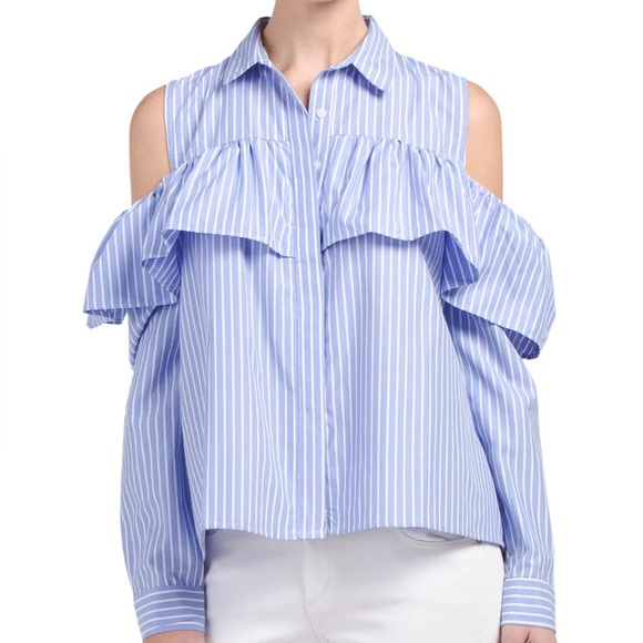 Song of Style Tops - Blue Striped Cold Shoulder Flounce Ruffle Top